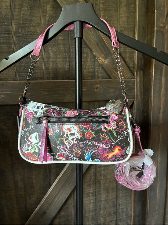 Ed Hardy Handbags - Ed Hardy Black Shoulder Bag with Pink Floral Skull Print